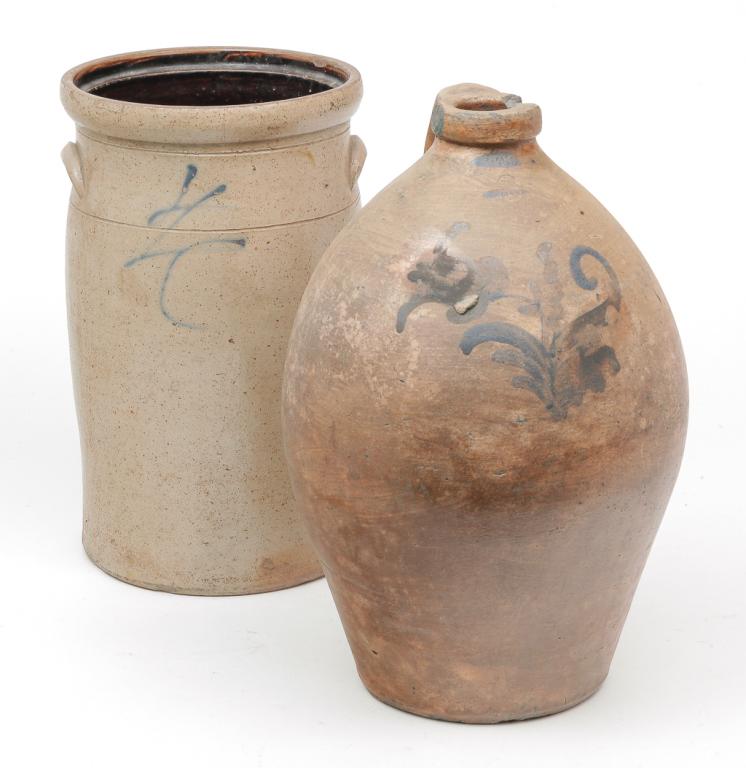 AMERICAN STONEWARE CHURN AND JUG. (1 of 4)