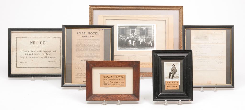 SIX ZOAR HOTEL RELATED FRAMED ITEMS. (1 of 9)