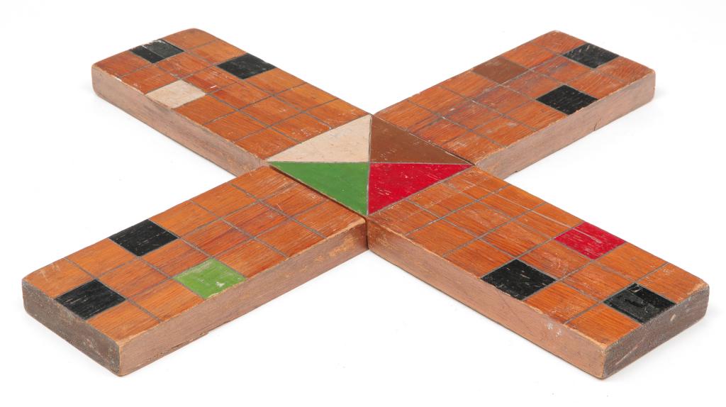 AMERICAN INTERLOCKING PARCHEESI BOARD.: First half 20th century, pine. Two piece with lap joint in center. Incised squares and triangles with red, black, white, green and brown paint. Some wear. Each piece 1"h. 22.5"l. 4.5"d.