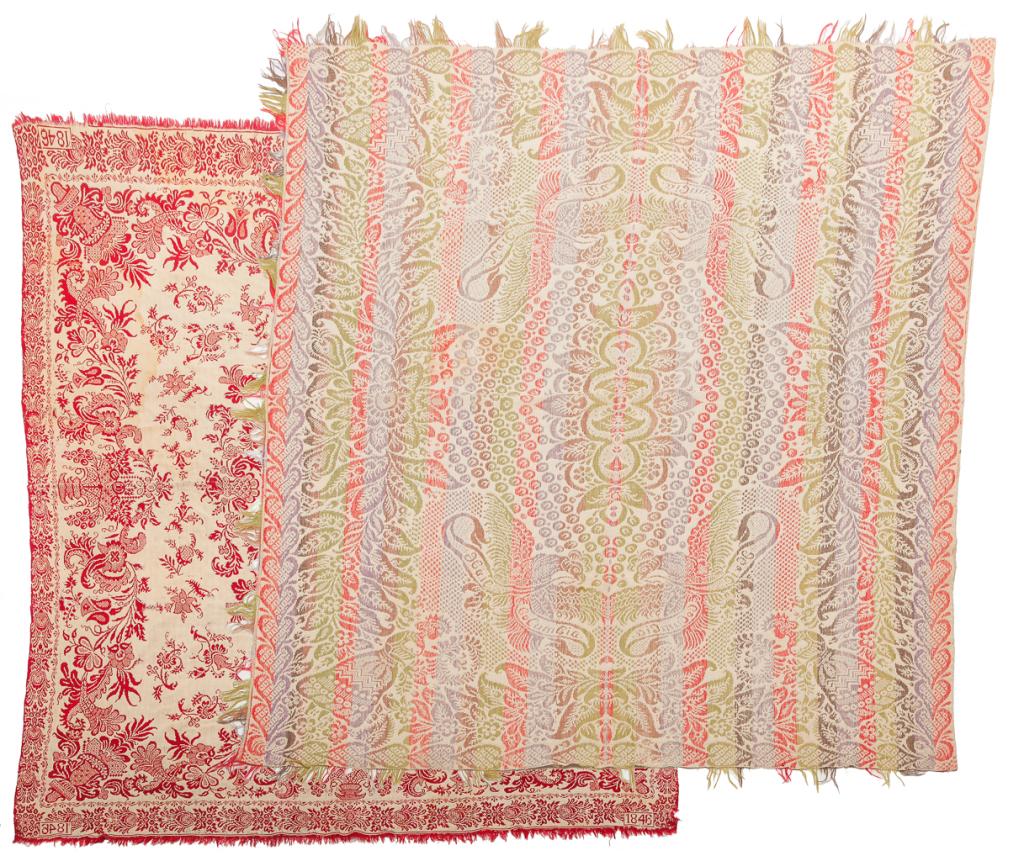 TWO AMERICAN JACQUARD COVERLETS. (1 of 5)