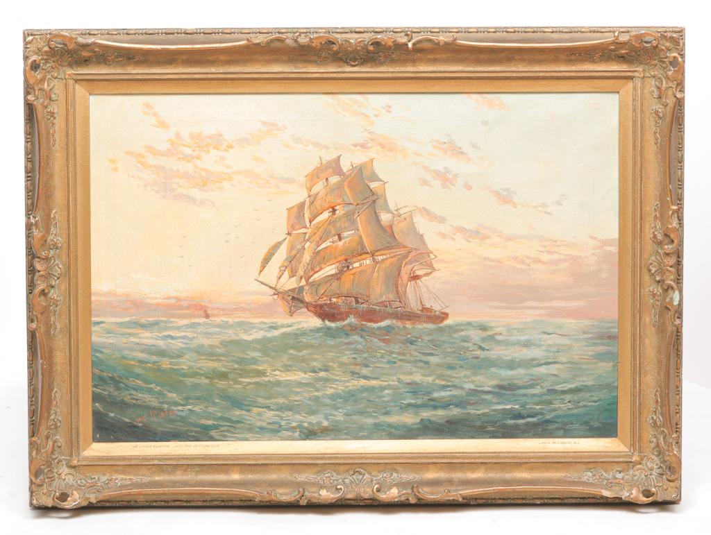 "THE CHINA CLIPPER" BY JACK MCLAREN.: English, 1st half 20th century. Oil on canvas, signed lower left. Ship at sea "The China Clipper into the setting sun". 20.25"h. 30"w., framed, 26.75"h. 36.75"w.