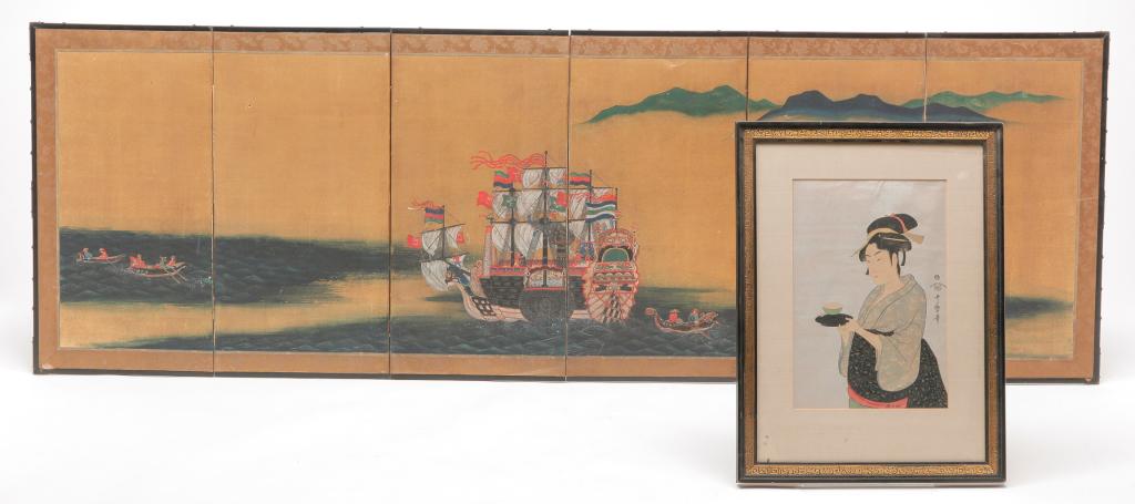 JAPANESE SCREEN AND WOODBLOCK PRINT. (1 of 4)