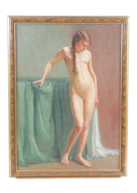 PORTRAIT OF A YOUNG WOMAN.: Oil on canvas, unsigned. Reputedly by Frank Duveneck (Ohio, 1848-1919). Full length nude beside a draped table. Restoration. 35”h. 25”w., framed, 39”h. 29”w. Includes letter st
