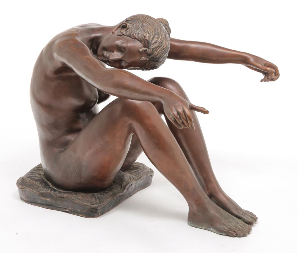 BRONZE FEMALE NUDE AFTER C. CONNDRAY.: European, 2nd half 20th century, signed "C. Conndray" lower left. Seated figure with arms outstretched to hold a piece of glass for use as an occasional table. Brown patina. 24"h. 27"w. 30"d.
