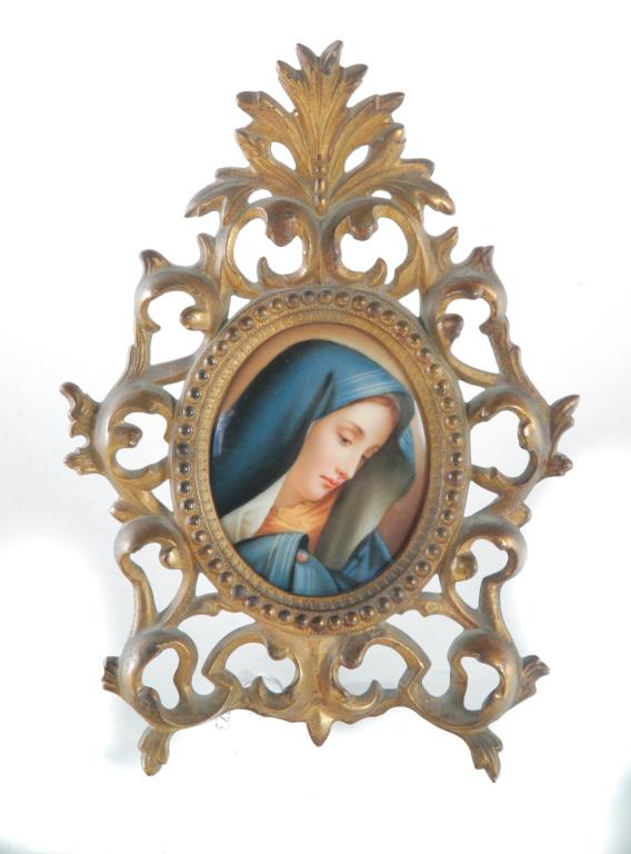 EUROPEAN PLAQUE OF THE MATER DOLOROSA.: Late 19th-early 20th century. Marked on the back "Carlo Dolci: Dolorosa". Oval porcelain plaque with hand painted image of Mary after Dolci's famous painting. Partial inked name "Rotte..." Cast iron e