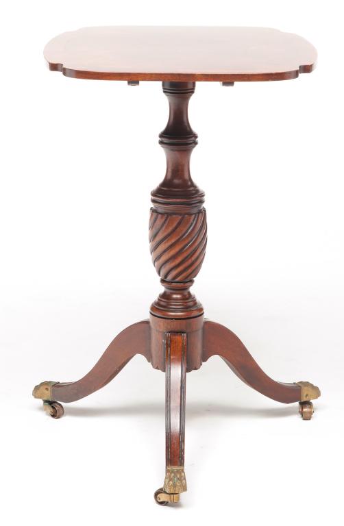 "HENREDON" TILT TOP CANDLE STAND.: American, late 20th century, mahogany. "Natchez Collection". Rectangular top with shaped corners and banded inlay, urn shaped column with rope twist turning, "S" shaped legs and brass casters. 29"h. 2