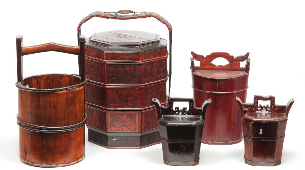 FIVE CHINESE WOODEN CARRIERS. (1 of 9)