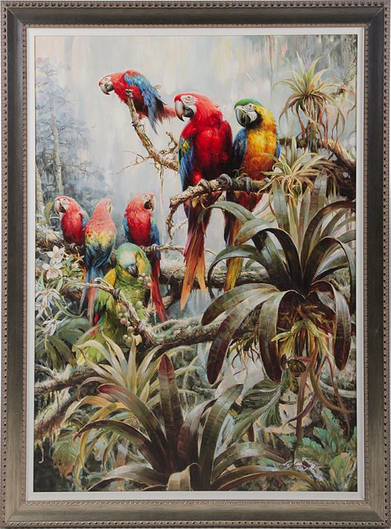 MACAWS BY YONG YI WU (CHINA, B. 1930): Oil on canvas, signed lower right. Colorful parrots in jungle setting. 48"ï¿½h. 36"ï¿½w., framed, 55"h. 43"ï¿½w.