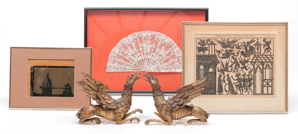 EUROPEAN ITEMS INCLUDING FAN AND GRIFFINS. (1 of 7)