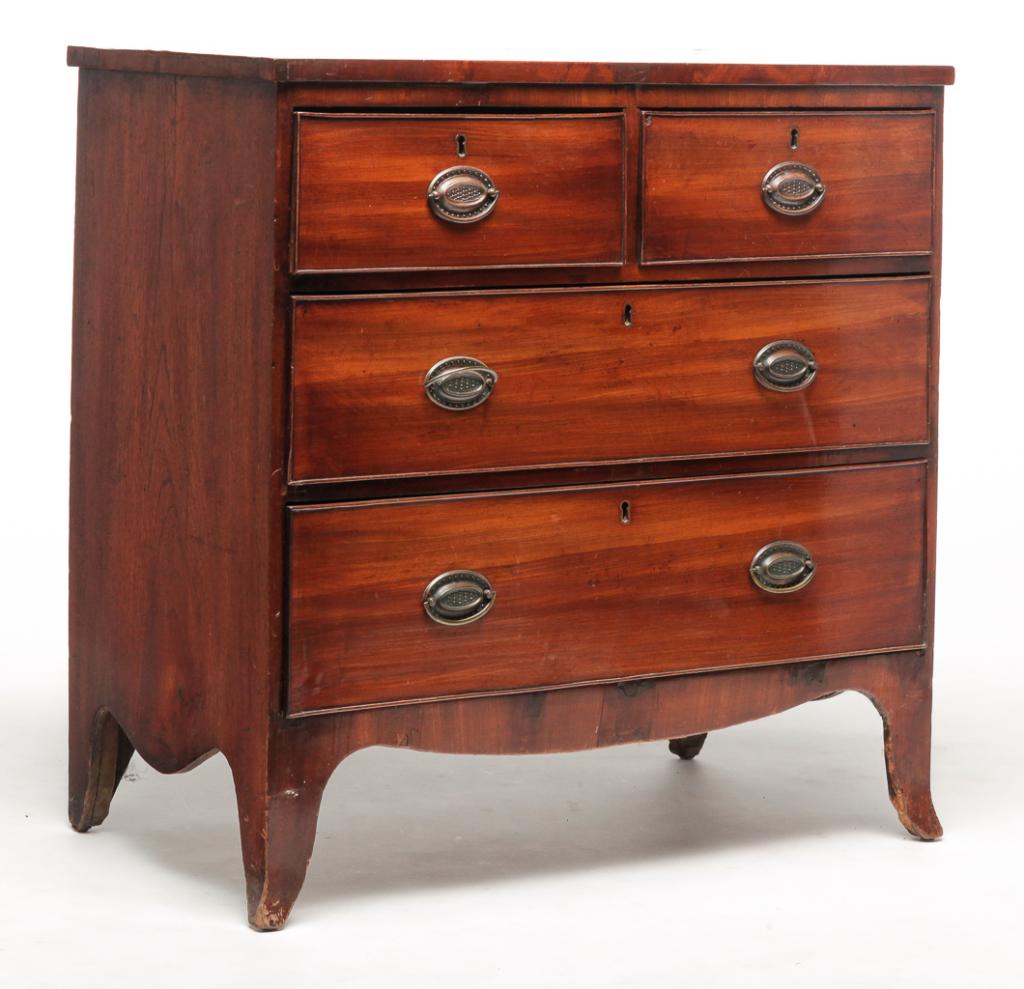 ENGLISH HEPPLEWHITE CHEST.: First quarter 19th century, mahogany with pine secondary. Solid ends, French feet, scalloped apron and two over two dovetailed drawers with applied beaded edges. Repairs and veneer splits. 35.5"h. 35.