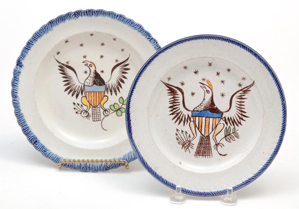 TWO ENGLISH BLUE FEATHER EDGE EAGLE PLATES. (1 of 3)