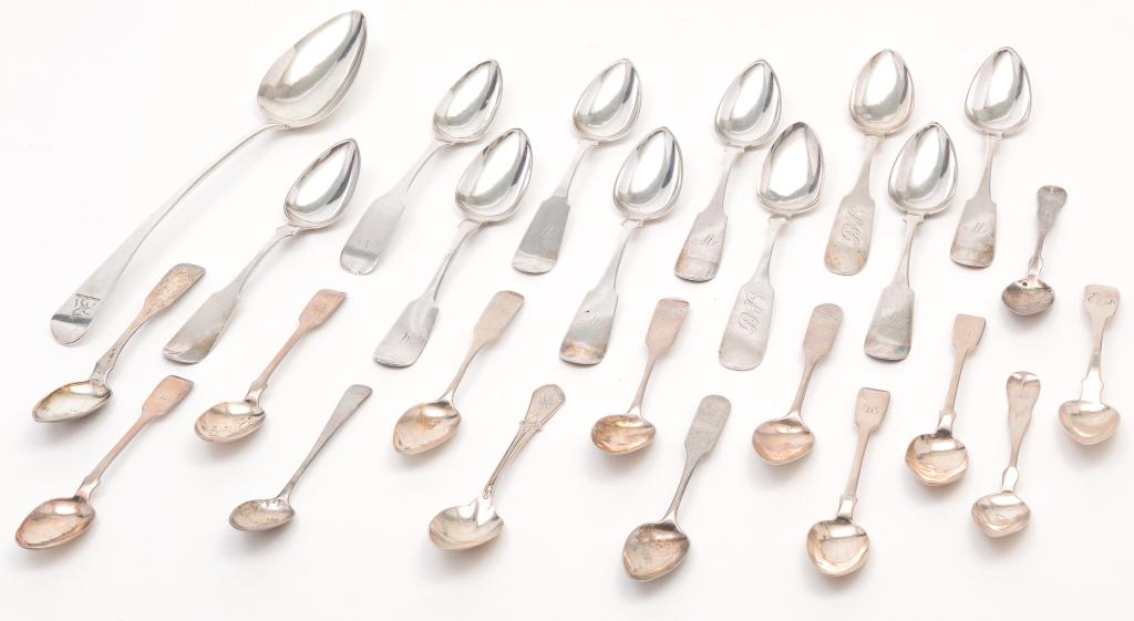 COLLECTION OF COIN AND "STERLING" SPOONS. (1 of 4)