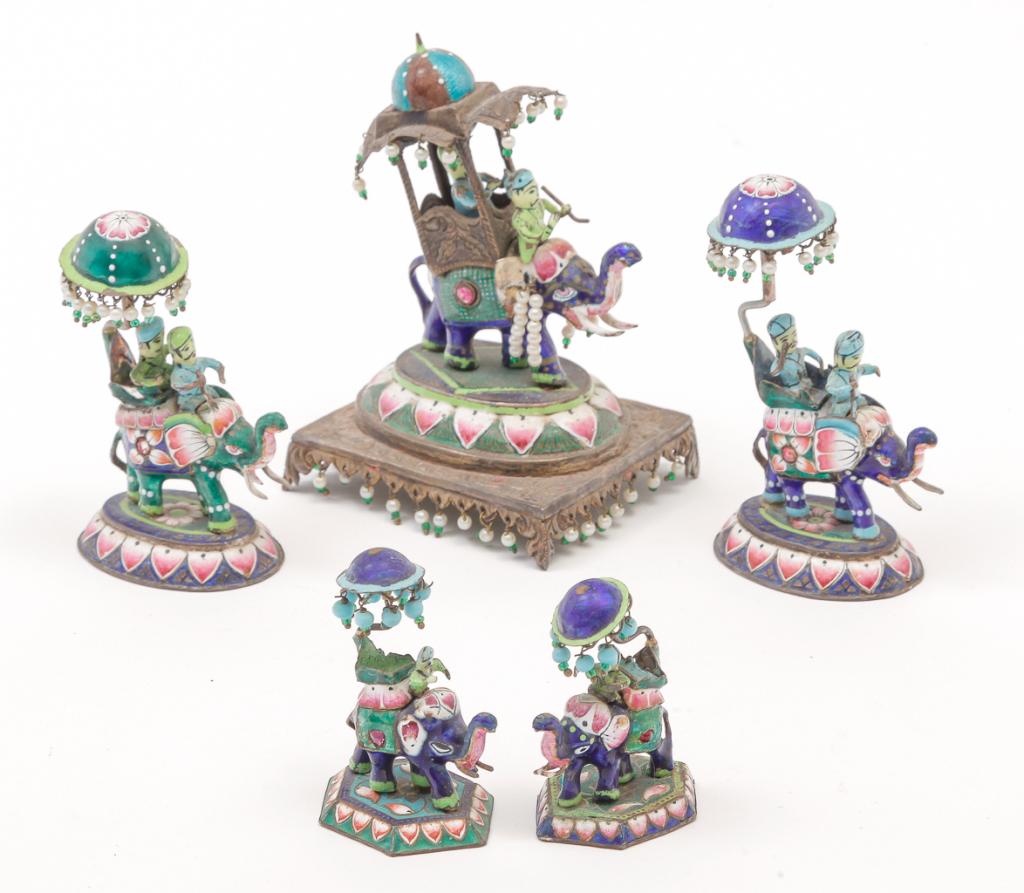 FIVE INDIAN ENAMELED SILVER ELEPHANT FIGURES. (1 of 3)