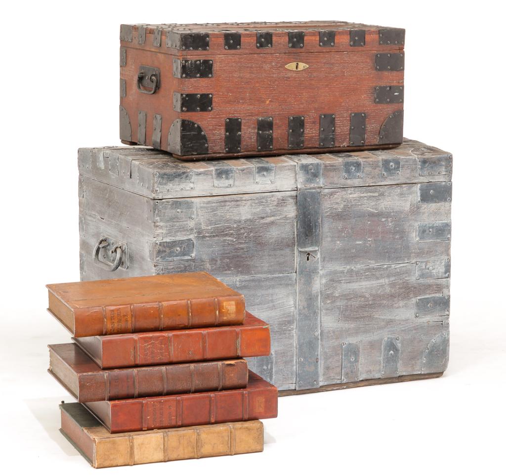 SEVEN EUROPEAN PIECES.: Nineteenth-20th century. Two dovetailed oak trunks with dovetailed cases, sheet metal corners and strapping and forged handles. One with pickled finish and interior fitted with two felt lined trays, l