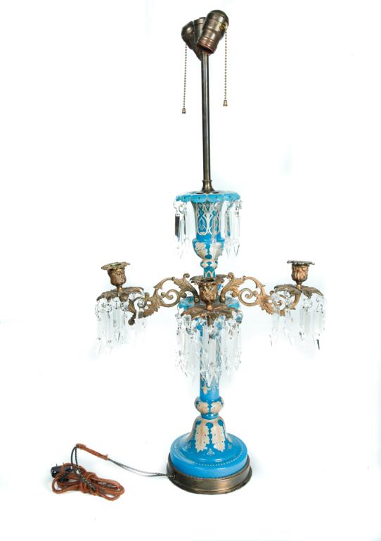 BLUE OPALENE ENAMELED CANDELABRA. (1 of 6)