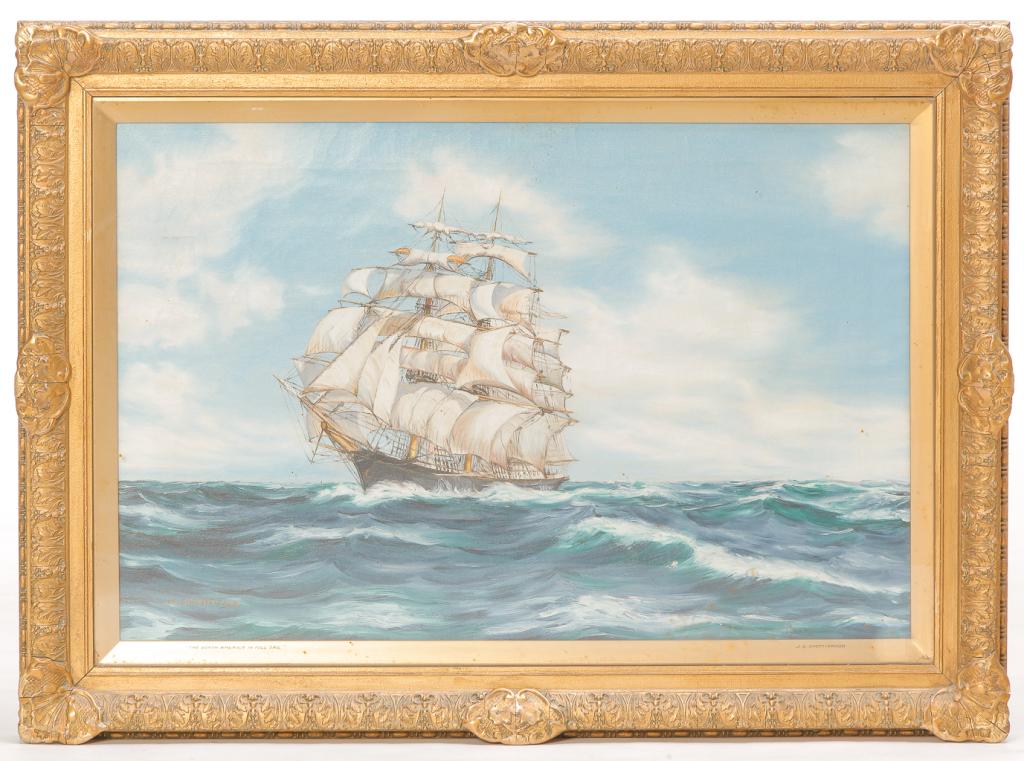 SAILING SHIP AT SEA BY J.G. SPOTTISWOOD.: English, 1st half 20th century. Oil on canvas, signed lower left. Titled on plaque "The North American in Full Sail". Crazing, with surface wear and scuffs. 20"h. 30"w., framed under glass, 27"h. 37"w