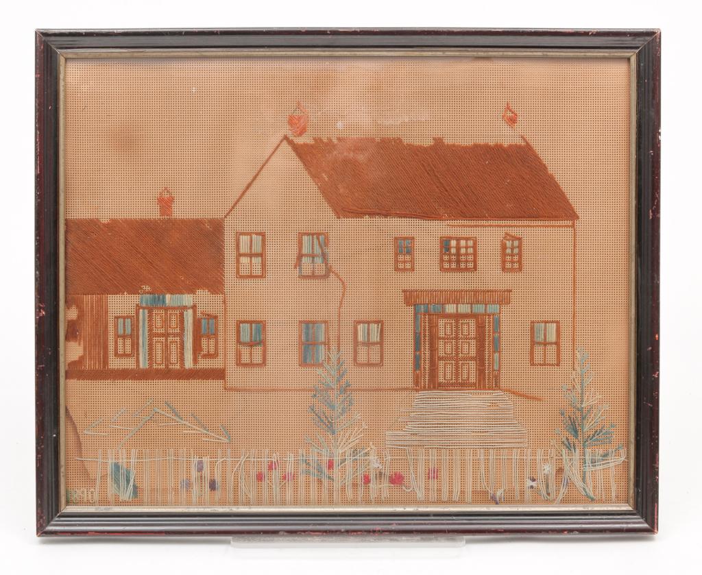 AMERICAN PUNCHED PAPER NEEDLEWORK.: Late 19th century. Cotton on heavy paper with house, trees, fence and flowers. Loss and loose threads with water stain lower left. 17.75"h. 21.5"w.