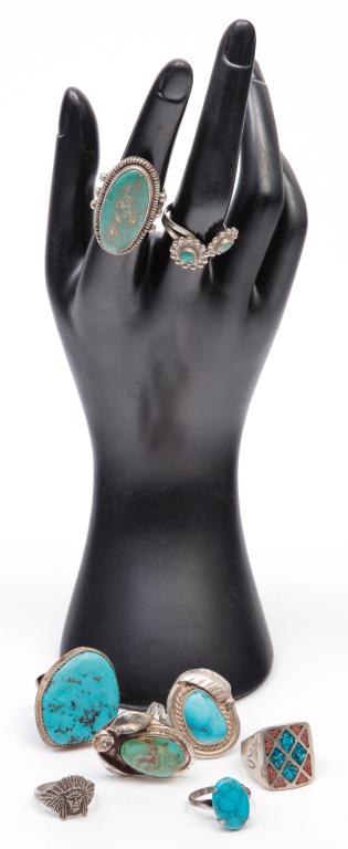 EIGHT VINTAGE NATIVE AMERICAN SILVER RINGS. (1 of 3)