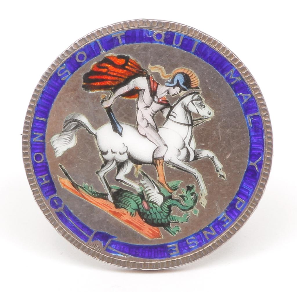 GEORGE III SILVER AND ENAMEL COIN BROOCH. (1 of 2)