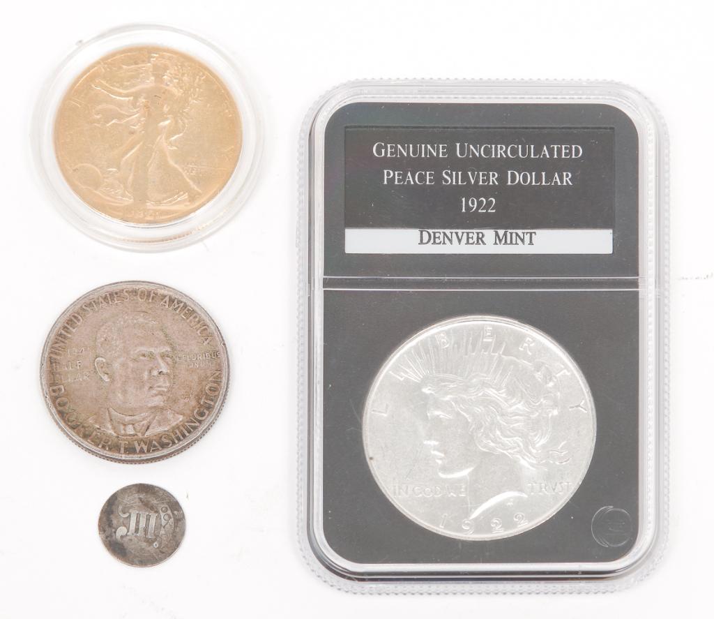 1922 PEACE SILVER DOLLAR AND THREE MORE COINS. (1 of 2)