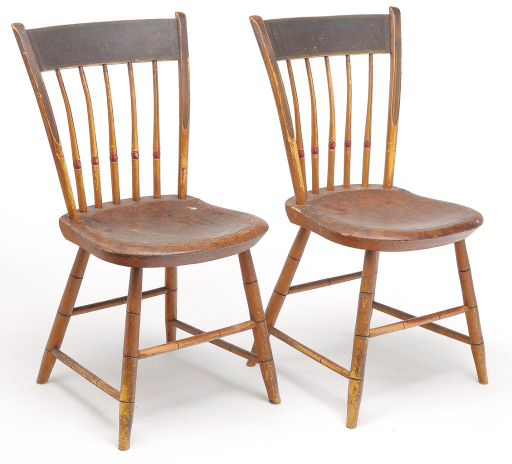 PAIR OF AMERICAN DECORATED PLANK SEAT CHAIRS. (1 of 3)