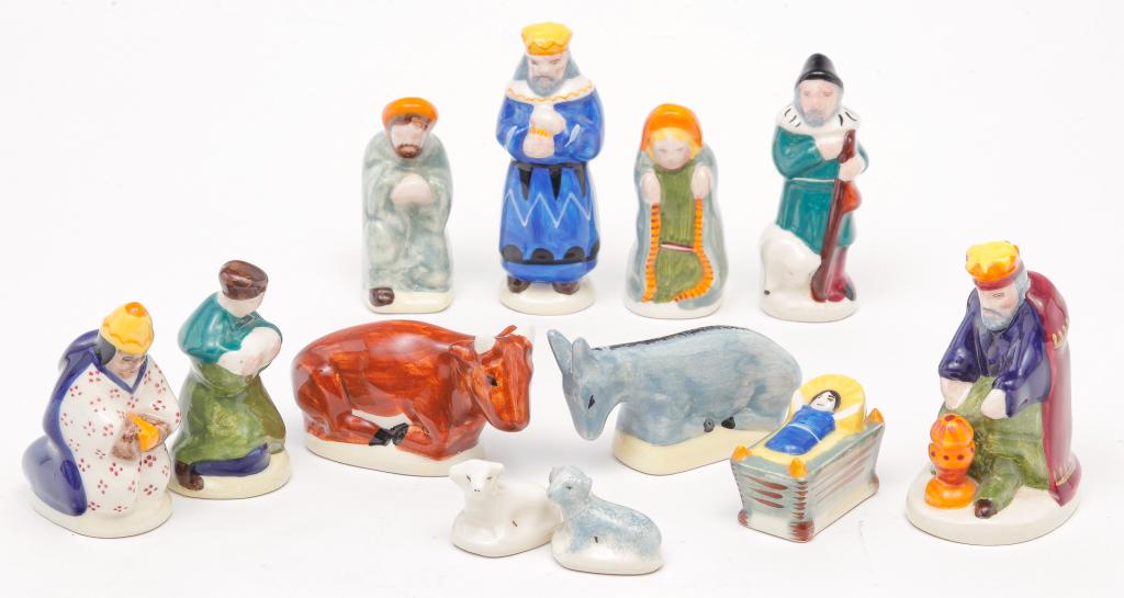 FRENCH QUIMPER NATIVITY SET.: Late 20th century. Twelve pieces marked "HRHB France". 4.25"h. to 1"h.