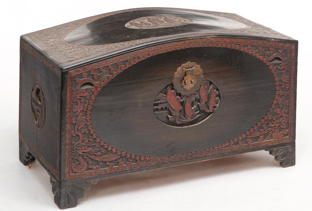CHINESE CARVED AND LACQUERED TRUNK. (1 of 6)