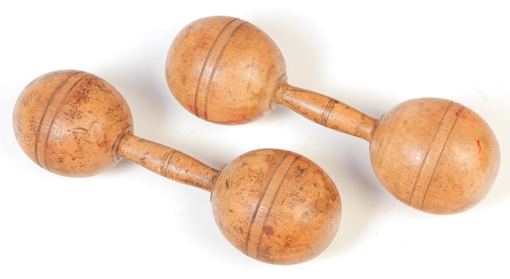 PAIR OF WOODEN DUMBBELLS. (1 of 1)