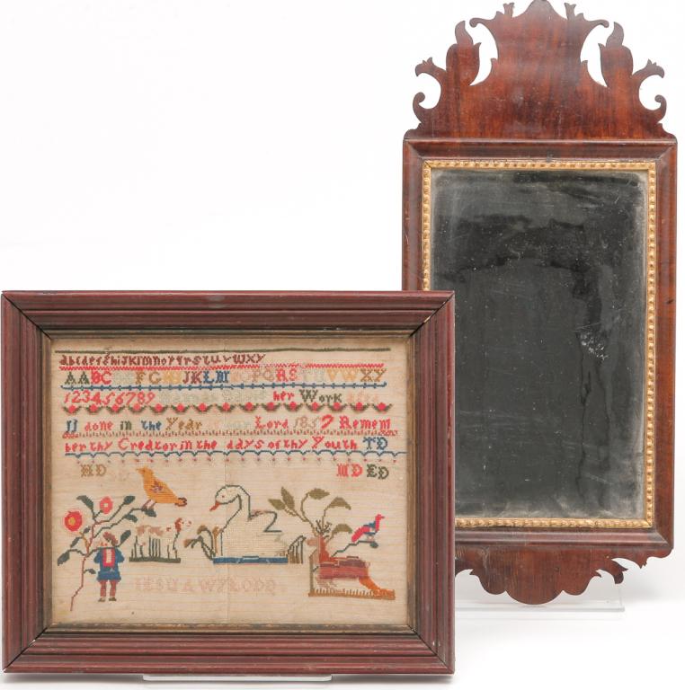 ENGLISH CHIPPENDALE MIRROR AND SAMPLER. (1 of 3)