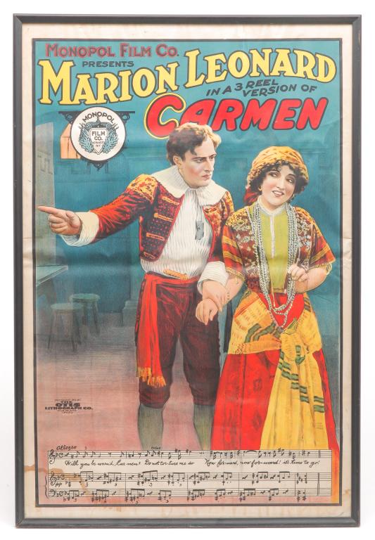 AMERICAN "CARMEN" MOVIE POSTER.: Dated 1913, chromolithograph on paper. Monopol Film Co. with Marion Leonard starring. Printed by "Otis Lithograph Co., Cleveland, Ohio". 43.25"h. 29.25"w. From the Collection of Maxine and Dave Tronne