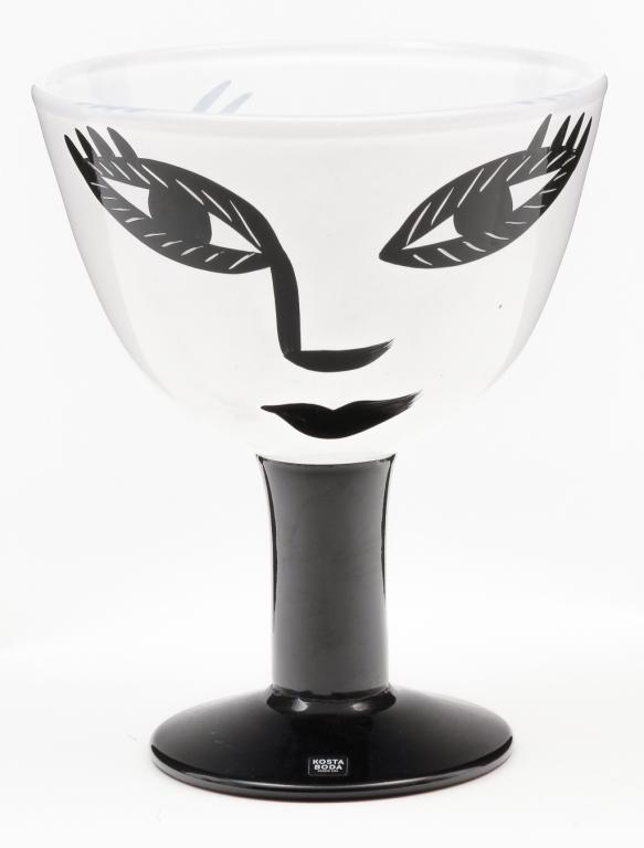 SWEDISH KOSTA BODA COMPOTE BY VALLIEN.: Late 20th century. "Open Minds" compote designed by Ulrica Vallien and signed "Ulrica HV/SK". Retains original sticker. 8.25"h. 7.5"d. From the Collection of Maxine and Dave Tronnes, Mitchell, South D
