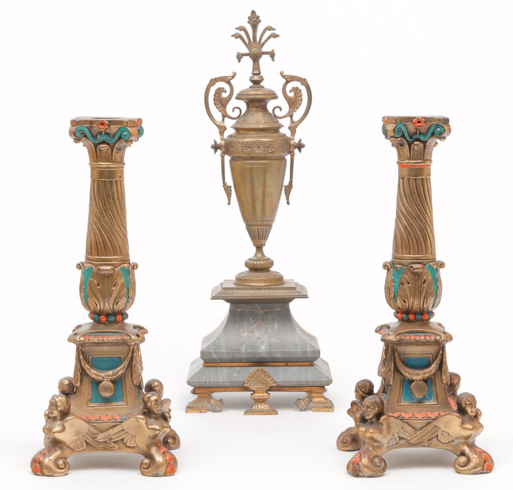 MANTEL CLOCK GARNITURE AND PAIR OF CANDLESTICKS. (1 of 5)
