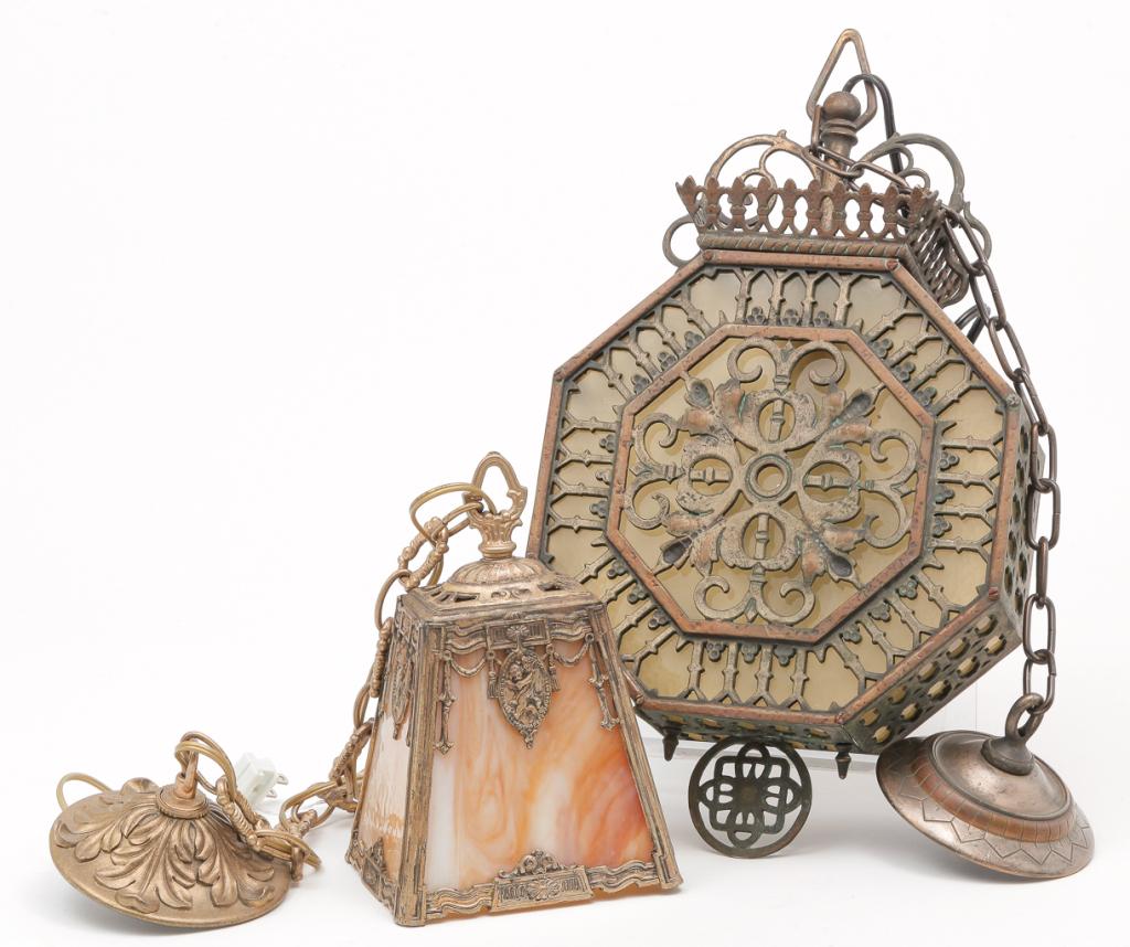 TWO AMERICAN HANGING SLAG GLASS LAMPS. (1 of 6)