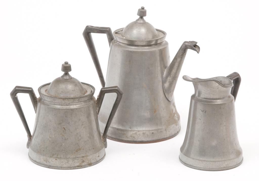 THREE PIECE HOMAN PEWTER TEA SET. (1 of 4)