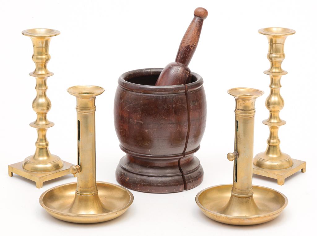 MORTAR AND PESTLE WITH CANDLESTICKS. (1 of 3)
