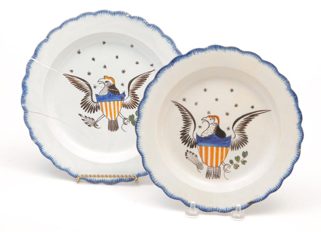 TWO ENGLISH LEEDSWARE EAGLE PLATES. (1 of 3)