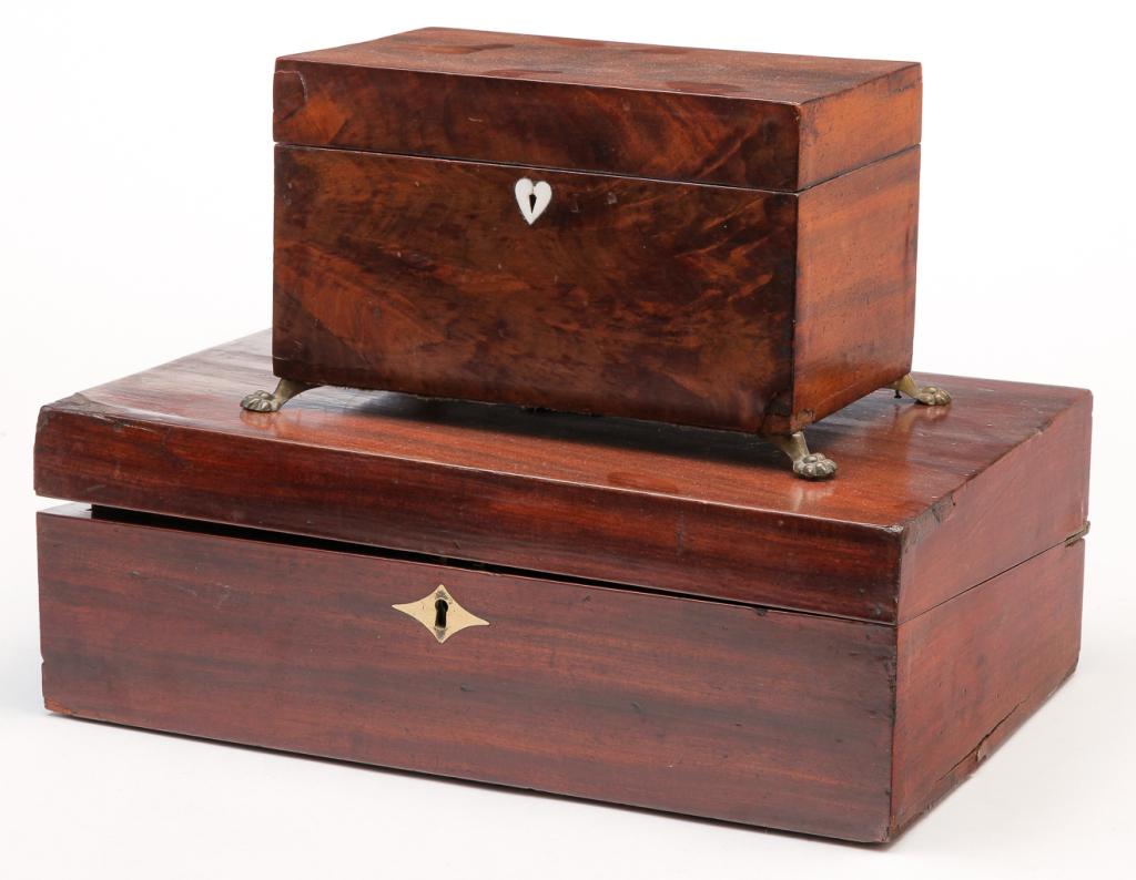 ENGLISH LAP DESK AND TEA CADDY. (1 of 5)