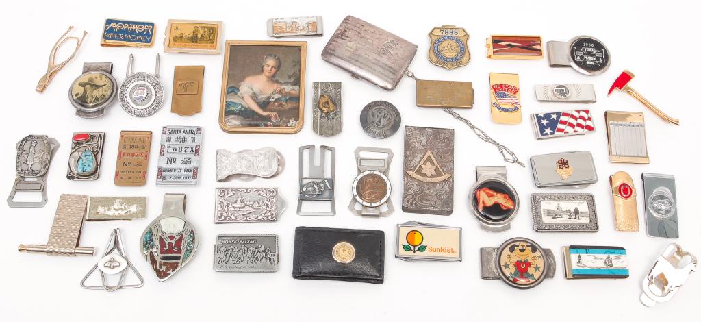 GROUP OF MONEY CLIPS.: American, English and Mexican. Includes horse racing, enamels, Hopalong Cassidy, inlaid, Masonic, etc.