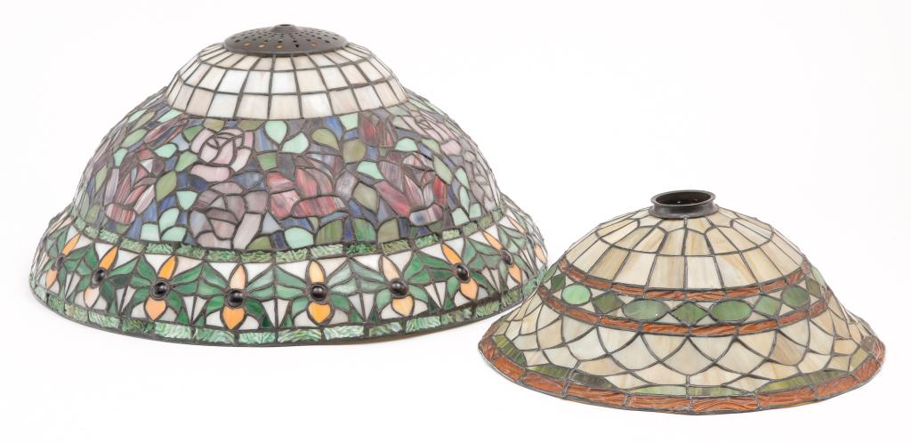 TWO EUROPEAN LEADED GLASS LAMP SHADES. (1 of 5)