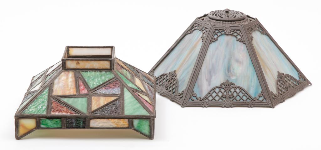 TWO AMERICAN SLAG GLASS TABLE LAMP SHADES. (1 of 5)