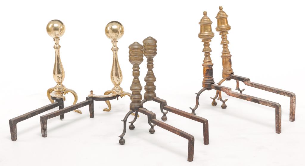THREE PAIRS OF AMERICAN BRASS ANDIRONS. (1 of 3)
