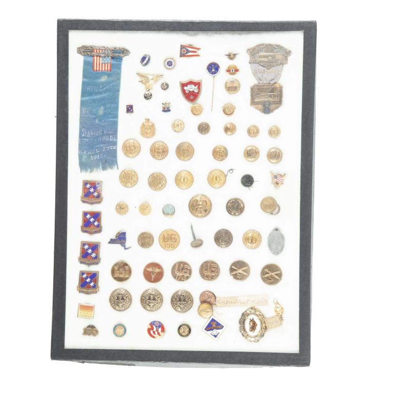 RICKER MOUNT OF APPROXIMATELY SEVENTY-TWO BUTTONS,: Mostly American. Various categories including American states, American presidential emblems, American medical symbols, and etc.