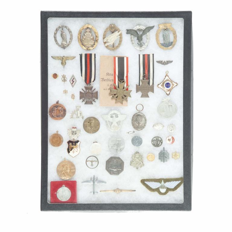 RICKER MOUNT OF MOSTLY GERMAN WW2 ERA MILITARY PIN: RICKER MOUNT OF MOSTLY GERMAN WW2 ERA MILITARY PINS AND MEDALS. All items include German symbols of the period including swastika, Imperial Eagle, German SS pin, and etc.