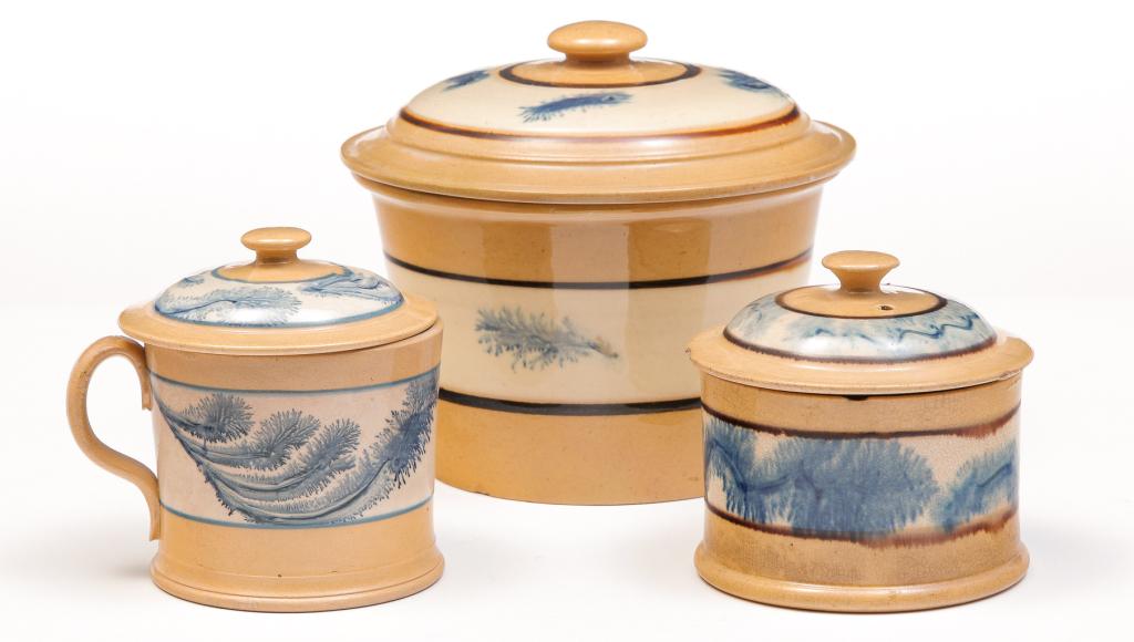 THREE EAST LIVERPOOL OHIO MOCHA BAND COVERED JARS. (1 of 3)