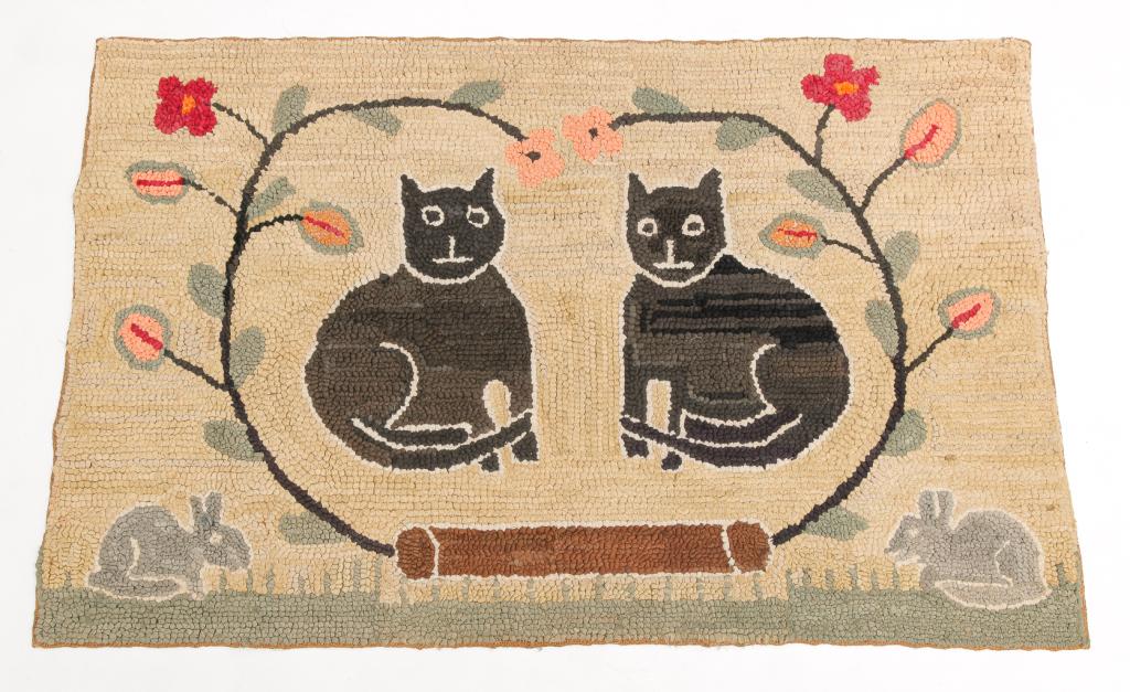 AMERICAN CAT HOOKED RUG. (1 of 2)