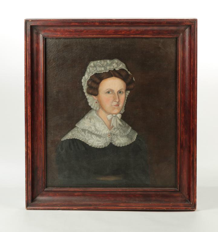 PORTRAIT OF A WOMAN BY DANIEL WAGNER.: New York/Massachusetts, 1802-1888. Oil on canvas, signed and dated "August 1830" on reverse. Woman wearing a lace shawl and cap with pearl earrings. Restoration including rebacking on canvas. 27"h. 24