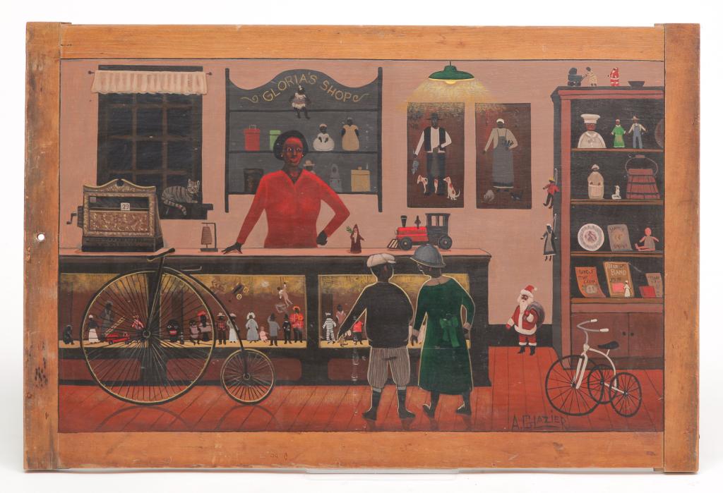 "GLORIA'S SHOP" BY ARTHUR GLAZIER.: Pennsylvania, 1928-2015. Oil on late 19th century cutting or dough board, signed lower right. Interior of toy store with African American owner and children. 24"h. 36"w. From the collection of a Maryl