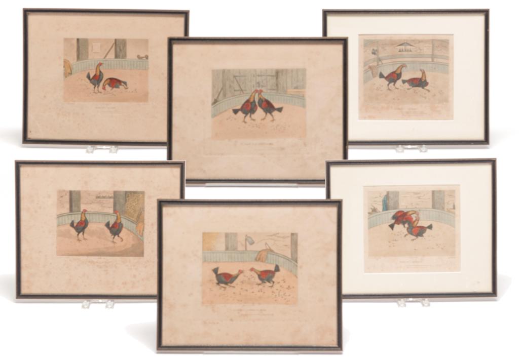 SIX ENGLISH COCK FIGHTING PRINTS. (1 of 3)