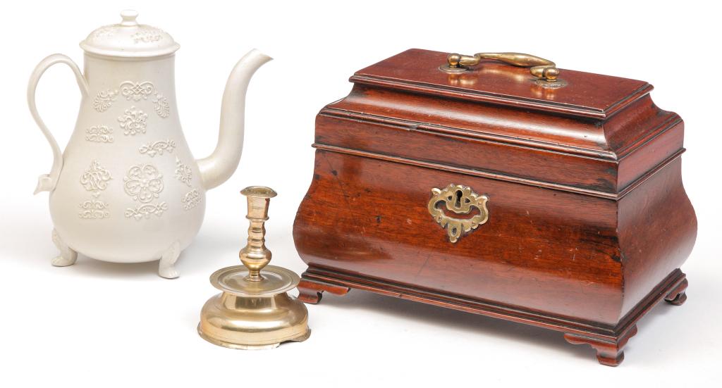 TEA CADDY, CHOCOLATE POT, DESK SET AND TAPER STICK. (1 of 6)