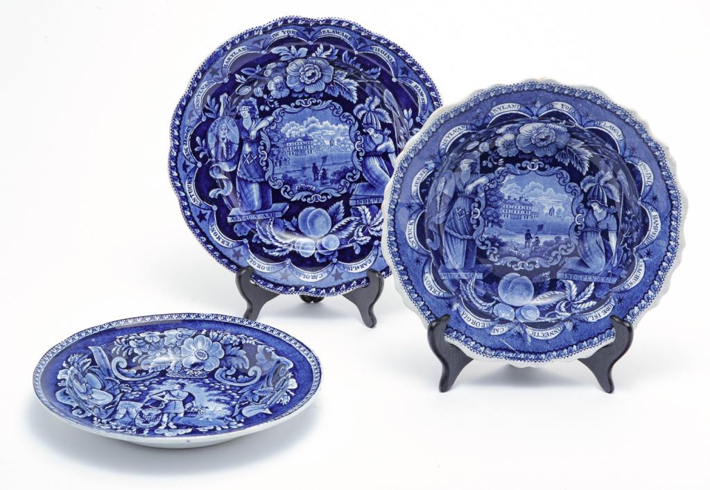 THREE HISTORICAL BLUE STAFFORDSHIRE SOUP PLATES. (1 of 3)